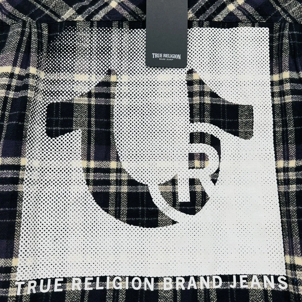 True Religion Mens Black Tan Fleece Plaid Shirt Sz Small Travertine Workwear NWT